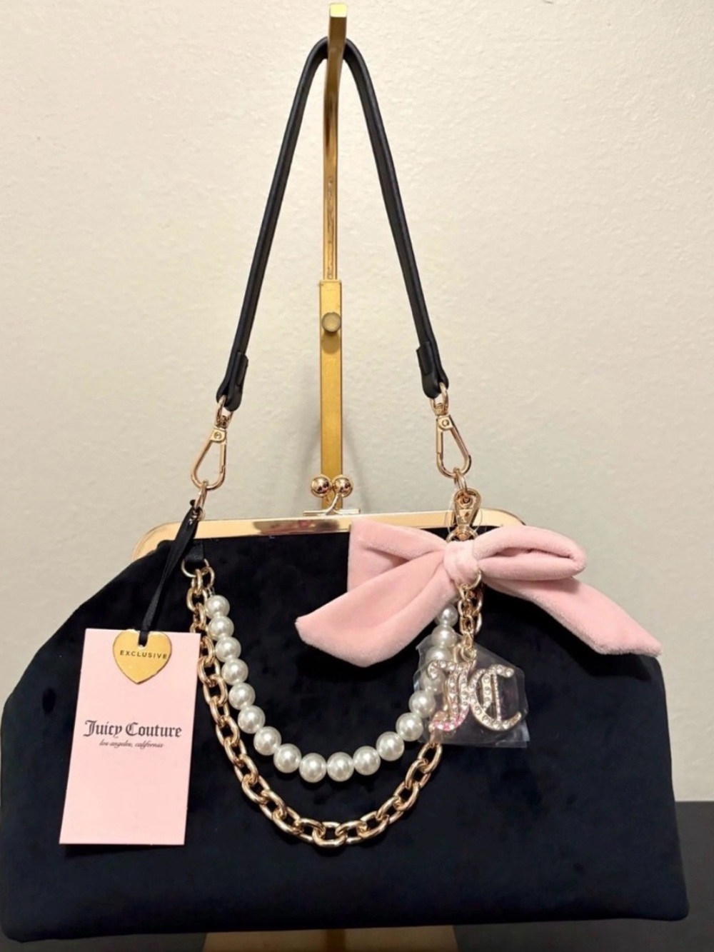 Juicy Couture Black Velvet Satchel with Pink Bow & Pearl Charm